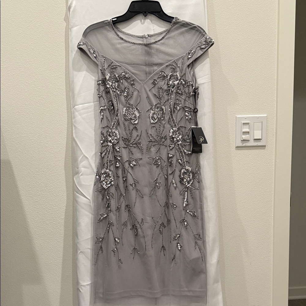 Adrianna Papell Silver Embellished Midi Dress
